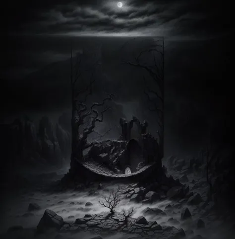 highly detailed illustration of a dark fantasy landscape at night time with fog, crumbling stone wall with a empty doorway, twisted and barren branches, shadows of crumbling stone keep with one small window, foggy background, dark gothic fantasy, haunted surrealism, medieval ruins, elden ring, foggy mysterious night, lord of the rings <lora:add_detail:0.7>