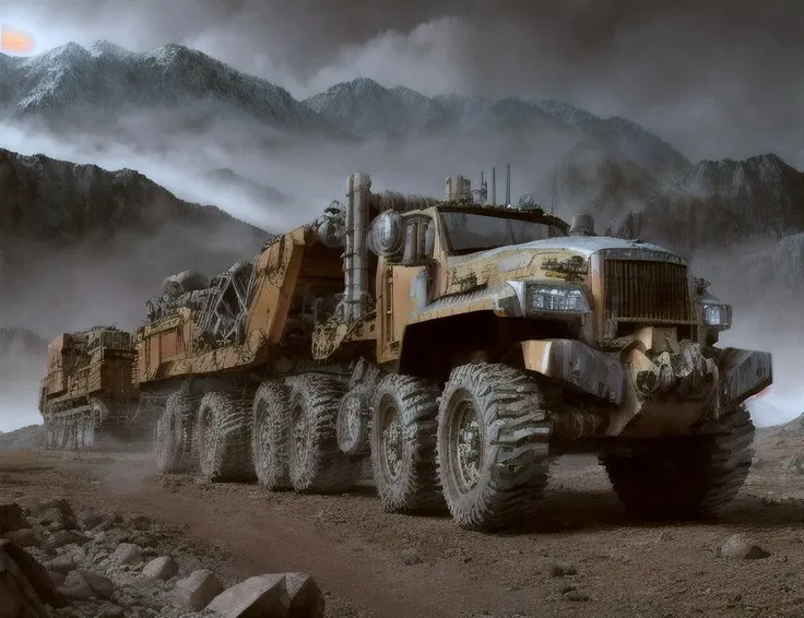 ((best quality)), ((masterpiece)), ((realistic)), (detailed),Gigantic Mining Vehicle, Foldable Mirrors,  Fog Lights,  Performance Brakes, Aluminum, Rugged, Metallic Flakes, , ((masterpiece)), absurdres, HDR, <lora:add_detail:1>, <lora:LowRA:0.5>