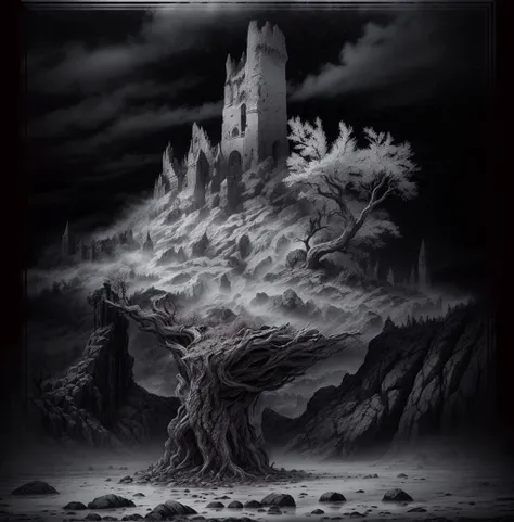 highly detailed illustration of a dark fantasy landscape at night time with fog, crumbling stone tower, twisted glowing white tree, shadows of crumbling stone keep with one small window, foggy background, dark gothic fantasy, haunted surrealism, medieval ruins, elden ring, foggy mysterious night, lord of the rings <lora:add_detail:0.7>