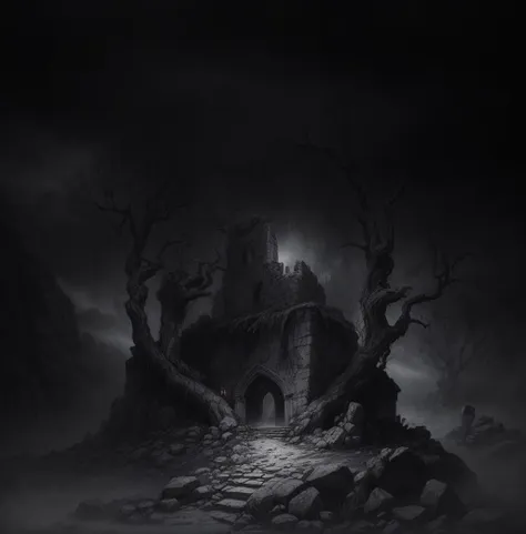 highly detailed illustration of a dark fantasy landscape at night time with fog, crumbling stone wall with a empty doorway, twisted and barren branches, shadows of crumbling stone keep with one small window, foggy background, dark gothic fantasy, haunted surrealism, medieval ruins, elden ring, foggy mysterious night, lord of the rings <lora:add_detail:0.7>