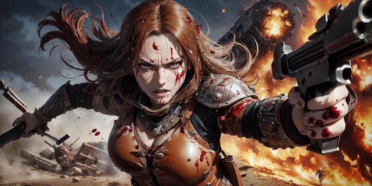 (masterpiece, award winning, high quality, highly detailed, ultra resolution), (detailed face, beautiful detailed eyes, scar on face), (anime style:1.5), a mature woman wearing leather armor, (((solo))), (running at viewer), (((cowboy shot))), flowing hair, (angry), expressive face, (((looking at viewer))), ((blood splatter)), ((blood splashing)), ((fisheye)), outdoors, on a battlefield, explosion in background, blood, (dirt), corpses