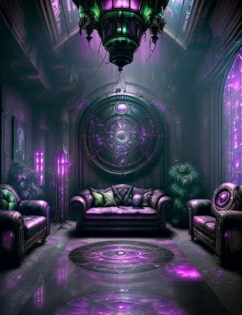 <lyco:DonMF43-000011:1.0> DonMF43 fae Underground Cyberpunk Bunker, Floor Lamp,Spyglass,Sofa,Mirror,Indoor Plants, Tapestry with Gauze Overlay tapestry, Gas Lanterns, Black Lights, cyberpunk, sci-fi