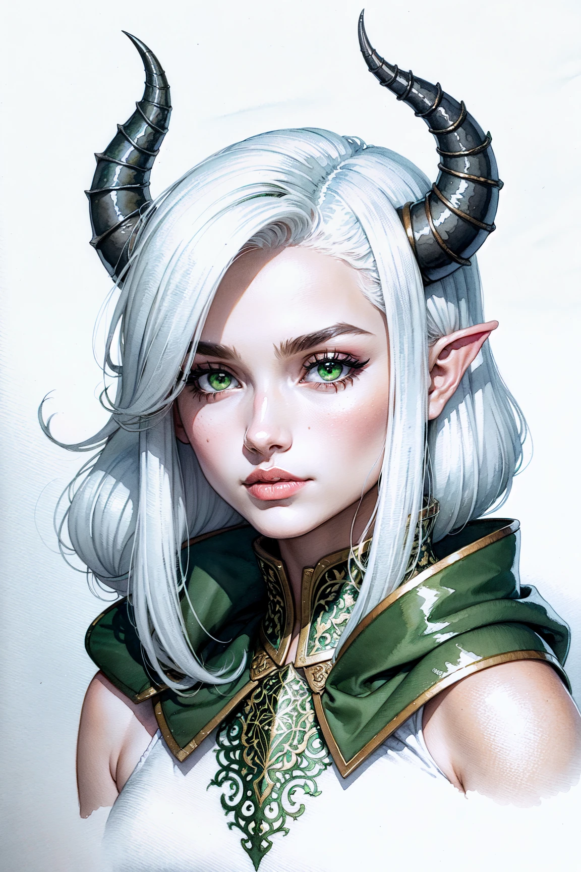 hand drawn sketch illustration of a beautiful tiefling with white hair, green eyes, symmetrical dragon horns, illustration, watercolor sketch, (best quality)), intricate detailed,