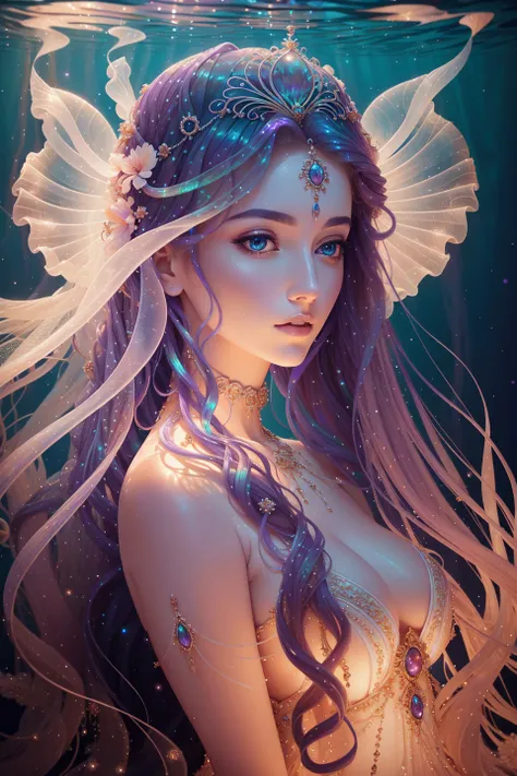 Portrait art of an Jellyfish Goddess Mermaid looking at viewer, beautiful gown of iridescent jellyfish, twinkling glowing gown in the style-nebmagic, (up close,:1.2) from the side, purple eyes, beautiful aquatic beach background, 8k, absurdres, beautiful lighting, masterpiece, award winning, beautiful unique face Lebanese|Norwegian
