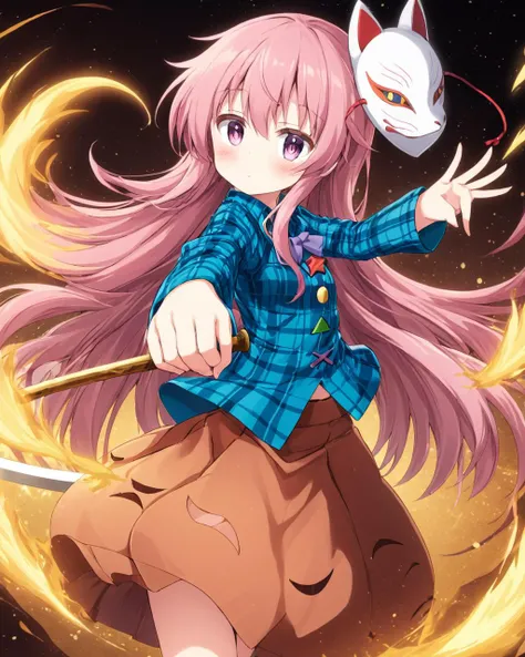 hata no kokoro,1girl, solo, skirt, naginata, plaid_shirt, long_sleeves, looking_at_viewer, oni_mask, fox_mask, blush
<lora:hata_no_kokoro_image5070_2023-12-20:1>,star-shaped_pupils,symbol-shaped_pupils,. gorgeous,key visual, vibrant, studio anime,award-winning, professional, highly detailed,high budget, cinemascope