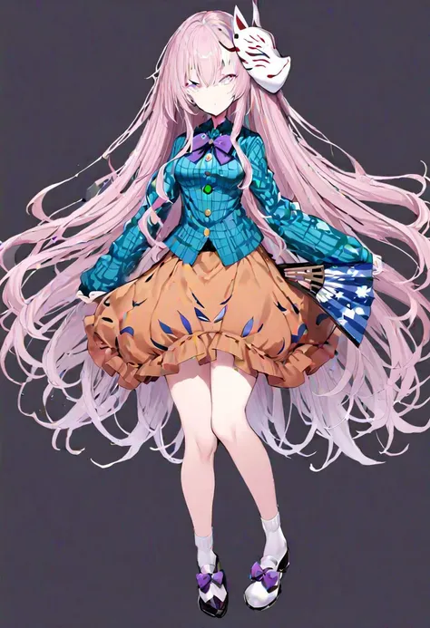 masterpiece, best quality, ultra-detailed, beautiful, nai3, 1girl, solo, full_body, tachi-e,
hata_no_kokoro, solo, 1girl, bangs, long_hair, shirt, bow, long_sleeves, hair_between_eyes, skirt, collared_shirt, very_long_hair, pink_eyes, pink_hair, vest, bowtie, plaid, white_socks, hand_fan, expressionless, mask, orange_skirt, footwear_bow, purple_bow, plaid_shirt, bubble_skirt, fox_mask, noh_mask, oni_mask, aqua_shirt, multicolored_buttons, purple_bowtie,