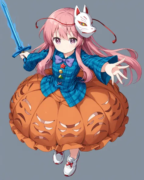 hata no kokoro,1girl, solo, fox_mask, bubble_skirt, foreshortening, long_sleeves, mask_on_head, looking_at_viewer, white_footwear, holding_weapon, plaid_shirt, grey_background, simple_background, full_body, orange_skirt, bowtie, closed_mouth, blue_shirt, naginata, perspective, expressionless, sneakers
<lora:hata_no_kokoro_image5070_2023-12-20:1>,star-shaped_pupils,symbol-shaped_pupils,. gorgeous,key visual, vibrant, studio anime,award-winning, professional, highly detailed,high budget, cinemascope