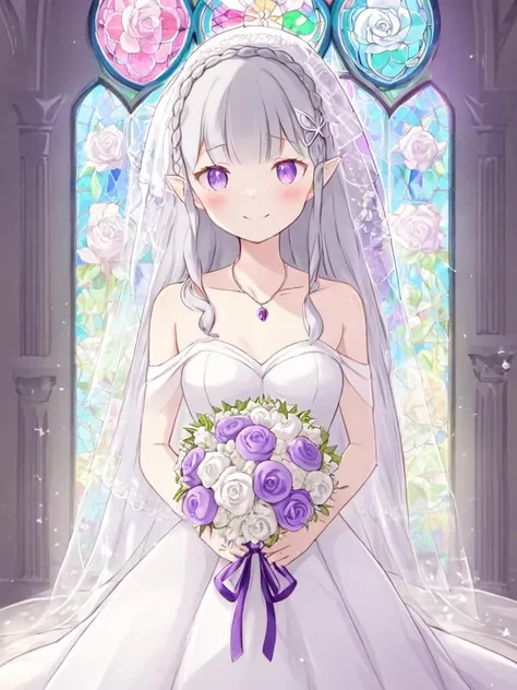 <lora:emilia:1>,1girl,dress,emilia_\(re:zero\),flower,long_hair,wedding_dress,solo,veil,bangs,bouquet,hair_ornament,purple_eyes,looking_at_viewer,hair_flower,smile,bridal_veil,x_hair_ornament,white_flower,jewelry,ribbon,hair_ribbon,stained_glass,holding,collarbone,necklace,purple_ribbon,white_dress,blush,pointy_ears,indoors,holding_bouquet,grey_hair,pink_flower,rose,closed_mouth,bare_shoulders,braid,white_rose,