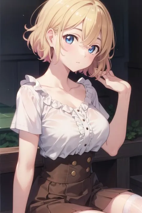 maminanami, <lyco:maminanami-lyco-nochekaiser:1>,
mami nanami, short hair, blue eyes, blonde hair, hair between eyes,
BREAK skirt, shirt, collarbone, white shirt, short sleeves, frills, shoes, socks, white socks, corset,
BREAK looking at viewer, full body,
BREAK outdoors,
BREAK <lyco:GoodHands-beta2:1>, (masterpiece:1.2), best quality, high resolution, unity 8k wallpaper, (illustration:0.8), (beautiful detailed eyes:1.6), extremely detailed face, perfect lighting, extremely detailed CG, (perfect hands, perfect anatomy),