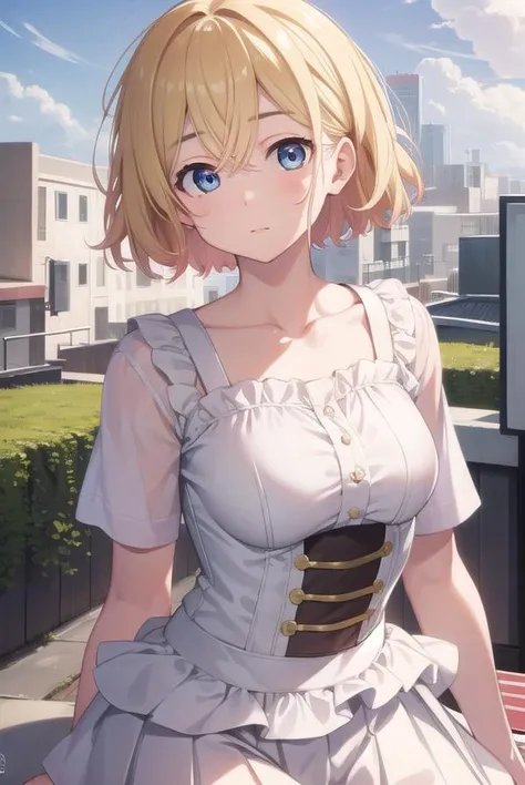 maminanami, <lyco:maminanami-lyco-nochekaiser:1>,
mami nanami, short hair, blue eyes, blonde hair, hair between eyes,
BREAK skirt, shirt, collarbone, white shirt, short sleeves, frills, shoes, socks, white socks, corset,
BREAK looking at viewer, full body,
BREAK outdoors,
BREAK <lyco:GoodHands-beta2:1>, (masterpiece:1.2), best quality, high resolution, unity 8k wallpaper, (illustration:0.8), (beautiful detailed eyes:1.6), extremely detailed face, perfect lighting, extremely detailed CG, (perfect hands, perfect anatomy),