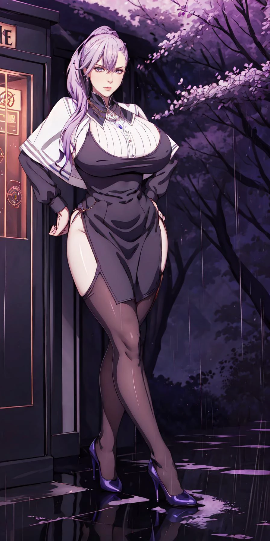 <lora:Ludowell:0.8>,ludowell,1girl,solo,breasts,looking at viewer,long sleeves,dress,jewelry,closed mouth,glowing purple eyes,braided ponytail,black dress,pantyhose,stiletto heels,v-shaped eyebrows,capelet,frown,hands on hips,(pale skin:1.35),sagging breasts,(gigantic breasts:1.45),bouncing breasts,curvy,thick thighs,good hands,dynamic pose,earrings,night,(rain),inside phone booth,antique phone,<lora:goodhands_Beta_Gtonero:0.6>,<lora:FakebreastsV4Del:0.3>,