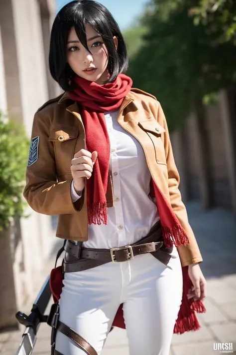 (Best Quality, Masterpiece:1.4), (Realism:1.2), (Realisitc:1.2), (Absurdres:1.2), (photorealistic:1.3), 1girl,Realistic Skin,Solo,( Very Big Eyes,beautiful detailed eyes, symmetric eyes), outdoors,cowboy shot,<lora:mikasa_ackerman:0.8> ,mikasa_ackerman, scarf, jacket, paradis military uniform, belt, thigh strap