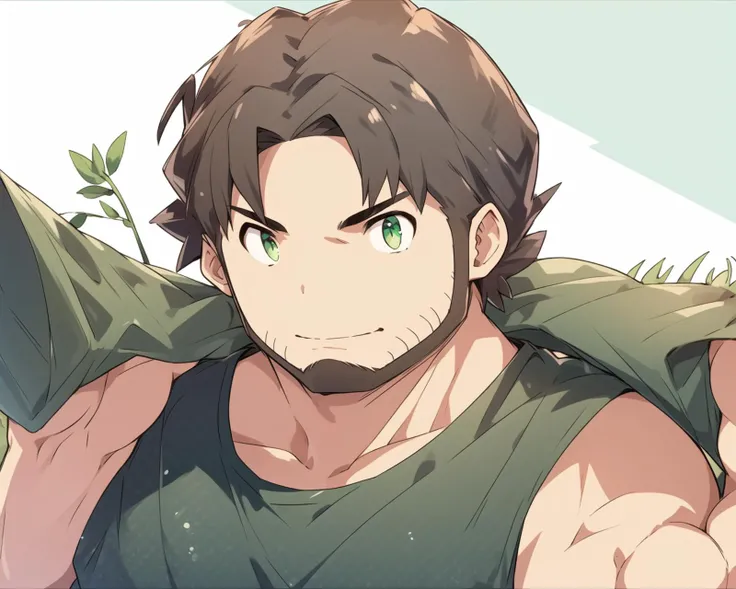 masterpiece, best quality, 1boy, male focus, solo, male, wearing a tank top, (chubby), chinstrap beard, human, middle parted hair, field, portrait, green eyes, casual pose, <lora:ProfessorBirch:0.8>