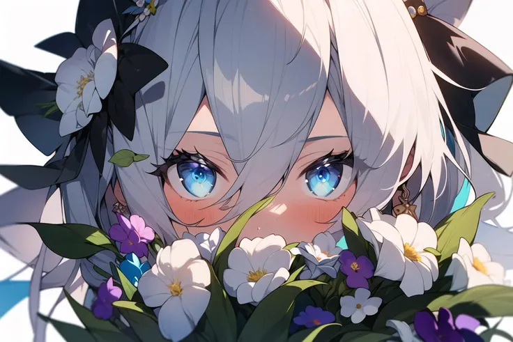 1girl, flower, solo, portrait, earrings, ribbon, bangs, jewelry, bouquet, leaf, blush, purple flower, blue eyes, white hair, pink flower, looking at viewer, long hair, white background, parted lips, white flower, hair between eyes, yellow flower, hair ribbon, simple background, hair ornament, hair flower, flower earrings