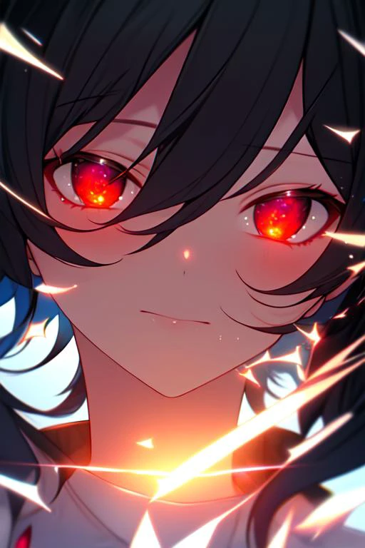(masterpiece, best quality, ultra-detailed, best shadow), (detailed background,dark fantasy), (beautiful detailed face), high contrast, (best illumination, an extremely delicate and beautiful), ((cinematic light)), colorful, hyper detail, dramatic light, intricate details, (1girl, solo,black hair, sharp face,low twintails,red eyes, hair between eyes,dynamic angle), blood splatter, swirling black light around the character, depth of field,black light particles,(broken glass),magic circle,