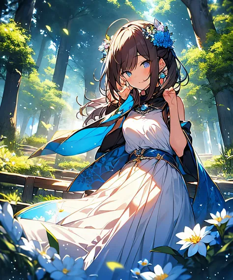 Best Quality, Masterpiece, 1girl, Pose, Particle, Wind, Flower, Upper Body, brass-indigo Color Scheme, Looking at the Viewer, flower fairy, ((Forest background)),