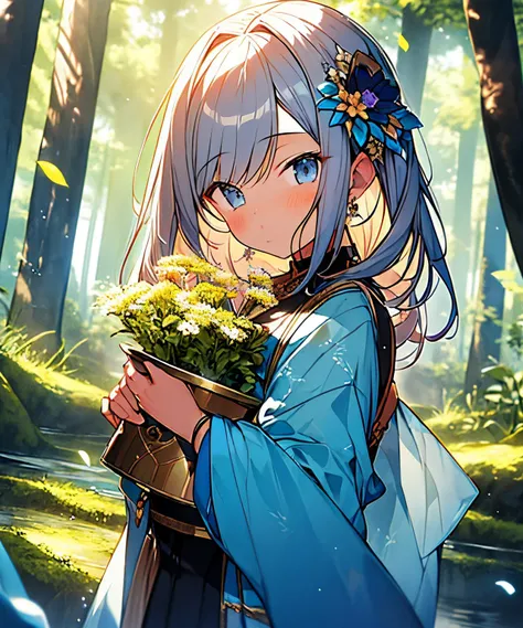 Best Quality, Masterpiece, 1girl, Pose, Particle, Wind, Flower, Upper Body, brass-indigo Color Scheme, Looking at the Viewer, flower fairy, ((Forest background)),