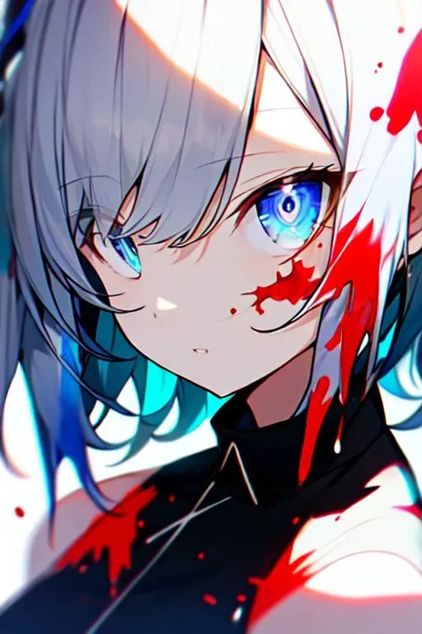 close up shot, eye close up, ((masterpiece)), ((ultra-detailed)), pixiv, best shadows, best lighting, best quality, cinematic shot, 1girl, solo, bangs, black background, paint, portrait, short hair, blunt bangs, parted lips, paint splatter, ((two-tone hair)), looking at viewer, white hair, ((colorful eyes)), paint splatter on face, chromatic aberration, simple background