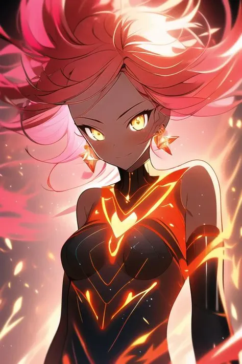 solo,1girl,fiery hair,fire,yellow eyes,pink hair,looking at viewer,jewelry,earrings,bodysuit,glowing hair,dark skin,glowing,short hair,small breasts,closed mouth,breasts,standing,floating hair,midjourney,(EnergyVeins:1.4),glowing,magic particles,<lora:midjourney_20230624181825:0.8>,midjourney,<lora:Tsurime3:1>,