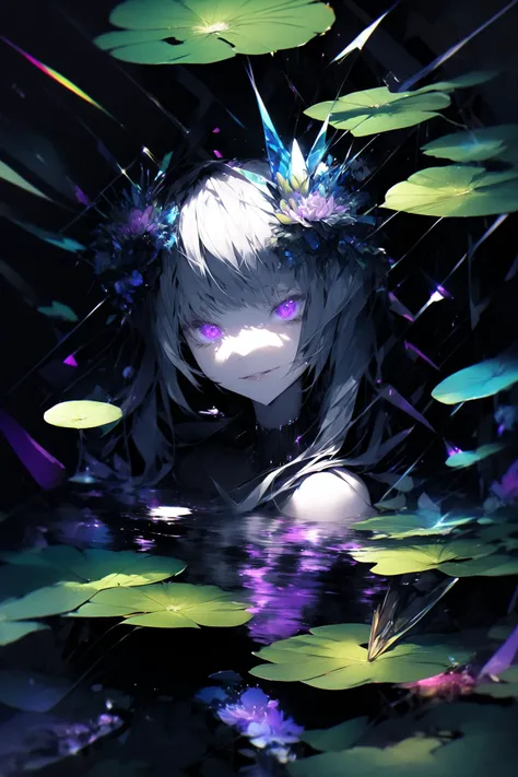 faded pastel illustration, polychrome, glitch, (1girl, solo:1.4), (lily_pad:1.2), looking_at_viewer, (pink lotus), submerged, hand near face, topless, (white_hair, very_long_hair:1.2), hair_flower, (glowing_eyes, purple_eyes), smirking, ripples, dark water, (surreal:1.4), (chromatic aberration), black background, (prismatic), iridescent, holographic, crystallized <lora:lowra_v10:0.9> <lora:Polychrome_v1:0.4> <lora:Luisap3GlitchsLORA_3:0.6>