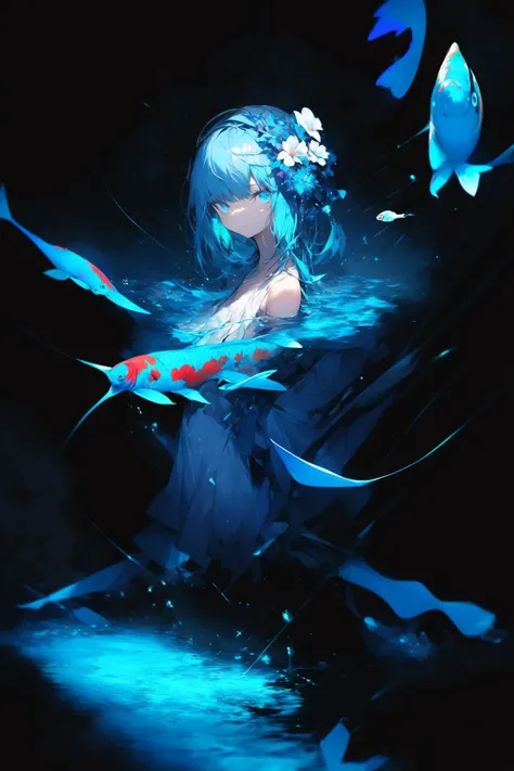 polychrome, glitch, (1girl, solo:1.4), (koi fish:1.2), (kelp), looking_at_viewer, partially_submerged, hand_on_own_face, topless, (white_hair, very_long_hair, bangs:1.2), hair_flower, (glowing_eyes), smirking, ripples, dark water, (surreal:1.4), (chromatic aberration), black background, (prismatic), iridescent, holographic, crystallized <lora:lowra_v10:1> <lora:Polychrome_v1:0.4> <lora:Luisap3GlitchsLORA_3:0.5>