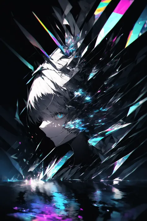 polychrome, glitch, (1girl, solo:1.4), (machine:1.2), (android), looking_at_viewer, partially_submerged, hand_on_own_face, topless, (white_hair, very_long_hair:1.2), hair_ornament, (glowing_eyes), smirking, ripples, dark water, (surreal:1.4), (chromatic aberration), black background, (prismatic), iridescent, holographic, crystallized <lora:lowra_v10:0.9> <lora:Polychrome_v1:0.4> <lora:Luisap3GlitchsLORA_3:0.6>