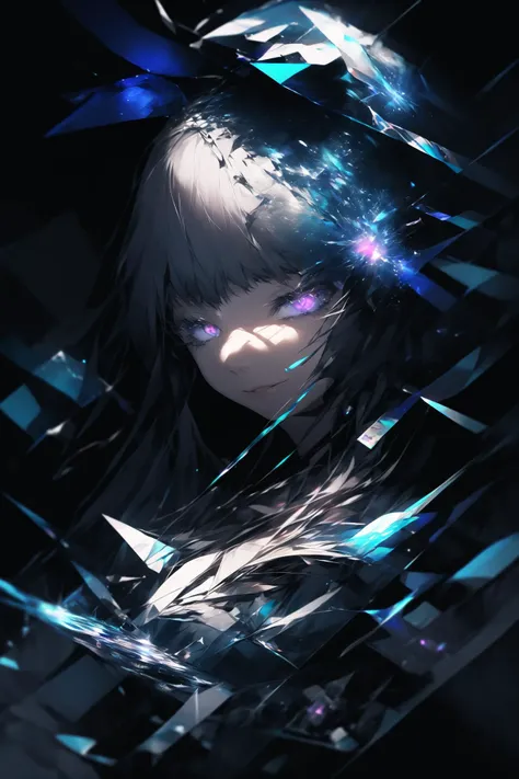 polychrome, glitch, (1girl, solo:1.4), (machine:1.2), (android), looking_at_viewer, partially_submerged, hand_on_own_face, topless, (white_hair, very_long_hair, bangs:1.2), hair_flower, (glowing_eyes), smirking, ripples, dark water, (surreal:1.4), (chromatic aberration), black background, (prismatic), iridescent, holographic, crystallized <lora:lowra_v10:1> <lora:Polychrome_v1:0.4> <lora:Luisap3GlitchsLORA_3:0.5>