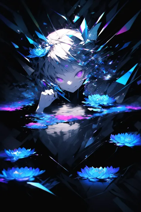 polychrome, glitch, (1girl, solo:1.4), (lily_pad:1.2), looking_at_viewer, (pink lotus), partially_submerged, hand_on_own_face, topless, (white_hair, very_long_hair:1.2), hair_flower, (glowing_eyes, purple_eyes), smirking, ripples, dark water, (surreal:1.4), (chromatic aberration), black background, (prismatic), iridescent, holographic, crystallized <lora:lowra_v10:0.9>  <lora:Polychrome_v1:0.4>  <lora:Luisap3GlitchsLORA_3:0.6>