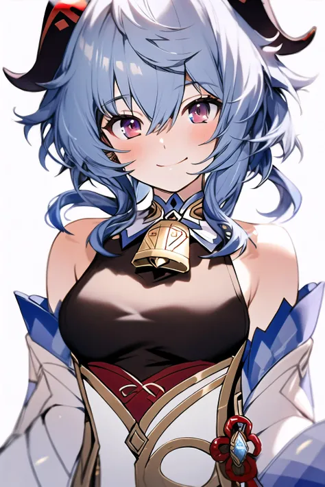 (masterpiece, best quality:1.2),
1girl, solo, standing, upper body, ganyu \(genshin impact\),
blue hair, long hair, mullet, black horns,
purple eyes,
small breasts,
white sleeves,
