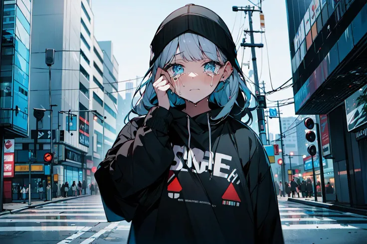 ((best quality, masterpiece, absurbres))(((very sad, crying, tears))),Urban Exploration, Bold and Vibrant, Neon Lighting, City Streets, Streetwear Fashion