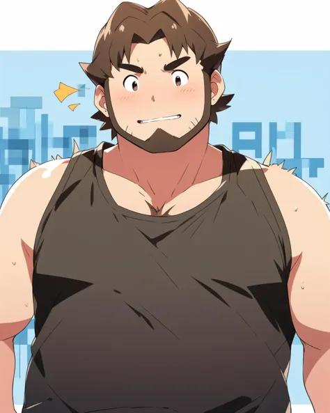 solo, male, wearing a tank top, (chubby), (body hair), blushing, chinstrap beard, sweat, human, middle parted hair, abstract background, <lora:ProfessorBirch:0.6> ProfessorBirch