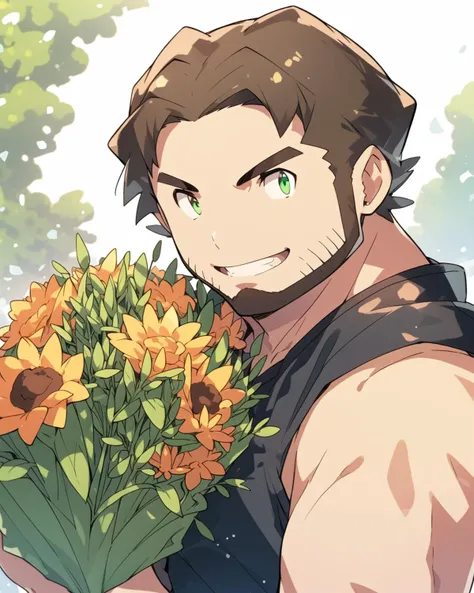 masterpiece, best quality, 1boy, male focus, solo, male, wearing a tank top, (chubby), chinstrap beard, human, middle parted hair, outdoors, holding a bouquet of flowers, chromatic aberration, portrait, green eyes, casual pose, smile, <lora:ProfessorBirch:0.8>