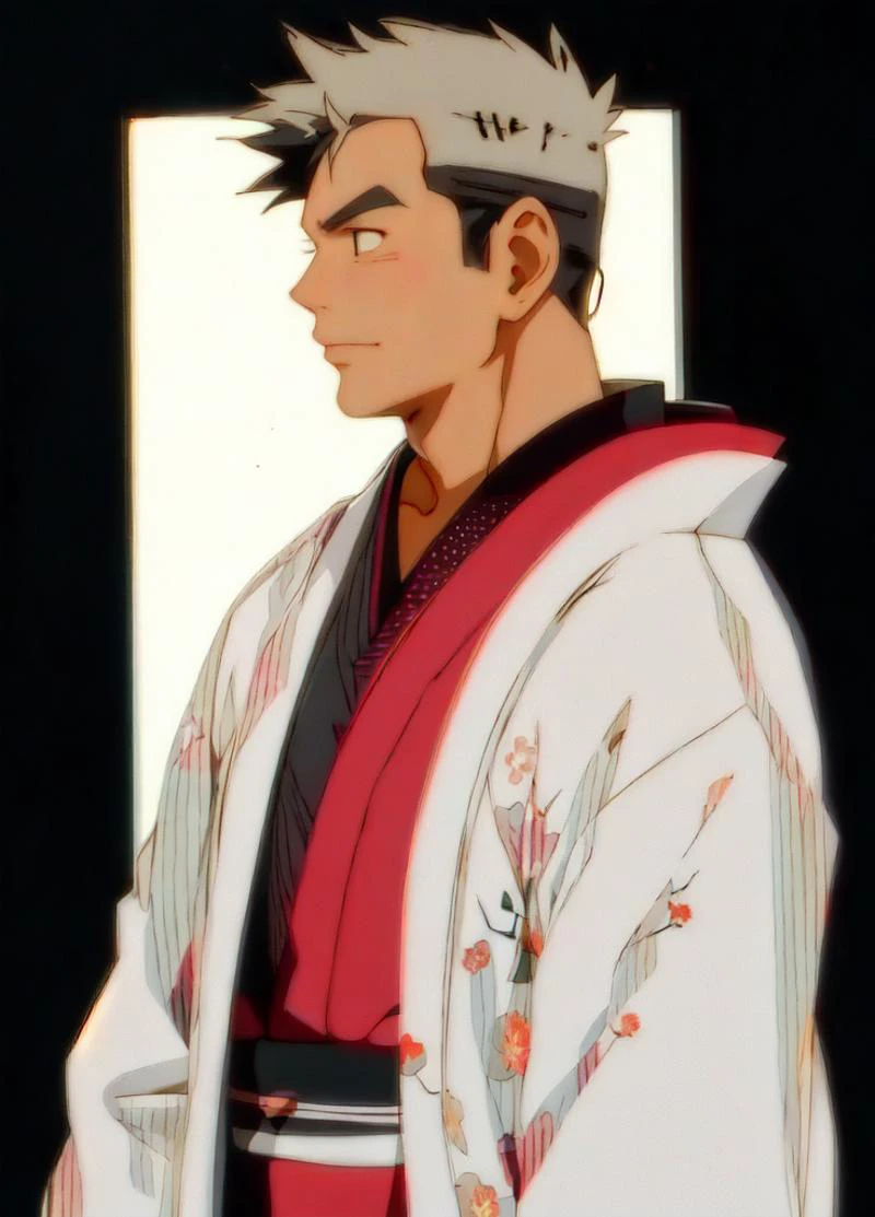 A half body photo of a male, around 45 years old, in a loose kimono, traditional japan, anime painting, dramatic lighting, (dense body hair) <lora:sakimichan-v1.6-lora-naivae-newcraft-block-4ep:.3> <lora:Oak:.65>