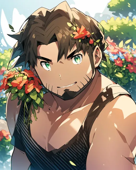 masterpiece, best quality, 1boy, male focus, solo, male, wearing a tank top, (chubby), chinstrap beard, human, middle parted hair, outdoors, flowers, chromatic aberration, portrait, green eyes, casual pose, <lora:ProfessorBirch:0.8>