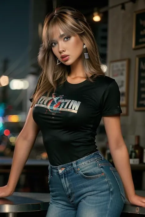 Portrait of Kascha, woman, thirty years old, cute face, slim and thin body, Huge Nipples, wearing jeans and a (Tshirt:1.1), standing at the bar, bokeh background, simple background, (highly detailed skin:1.0), (masterpiece:1.2) (photorealistic:1.2) (bokeh) (best quality) (intricate details) (8k) (analog film) (canon d5) (cinematic lighting) (sharp focus),  <lora:TEST:0.5> <lora:Kascha:0.7>