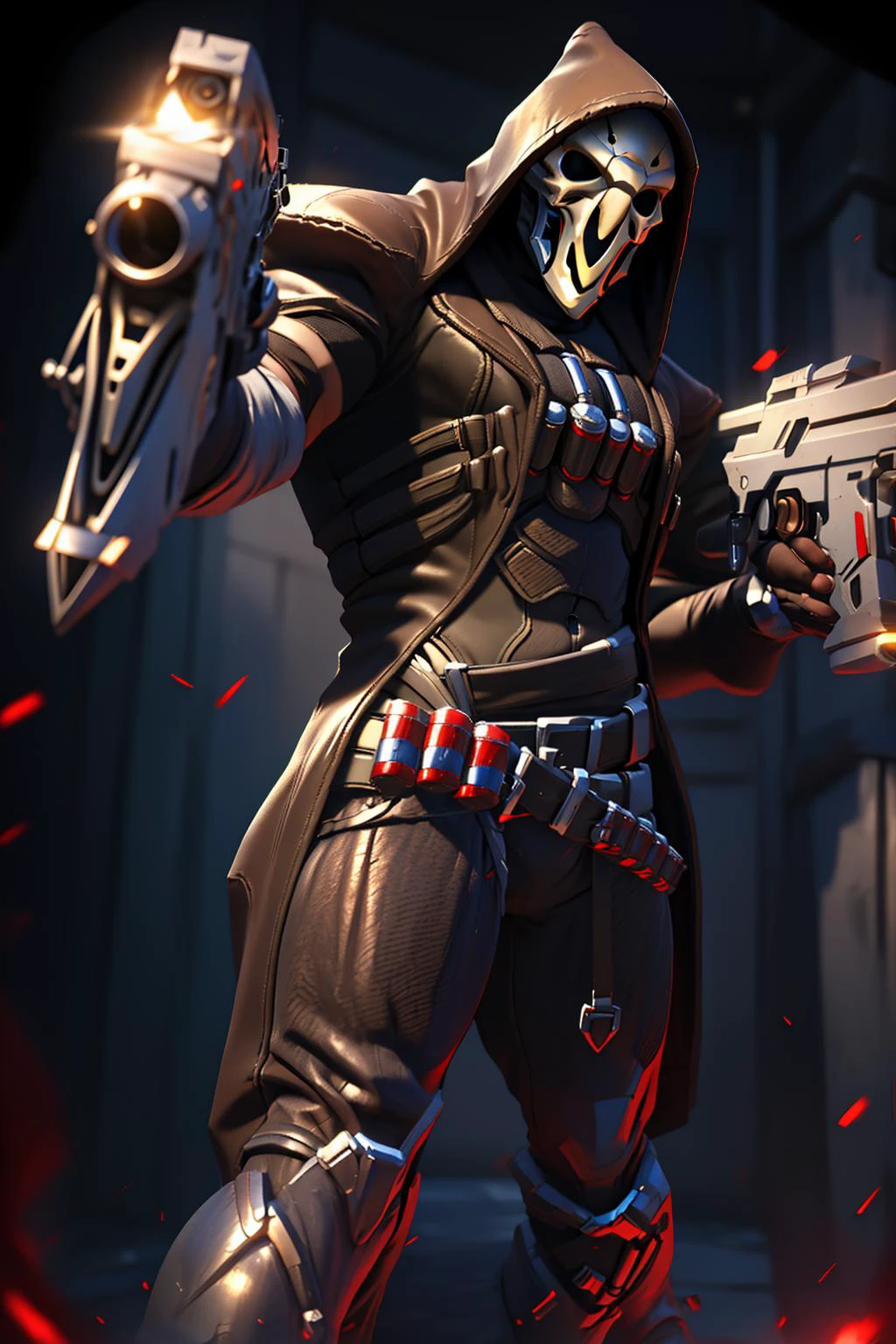 <lora:reaper:0.8> reaper, skull mask, hood up, armor, ammunition belt, greaves, gauntlets, cowboy shot, aiming, action scene,dynamic pocse, (masterpiece, best quality,absurdres: 1.2), perfect hands,, beautiful lighting, dutch angle,