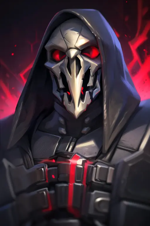 portrait, reaper, armor, skull mask,red eyes, glowing, black hood up, shoulder pads, red energy background, best quality, <lora:reaperOverwatchLORA_v1:0.7>