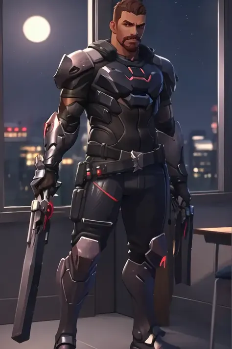 gabrielreyes, standing near window, armor, dual wielding, moonlight, corporate office, night, best quality, <lora:reaperOverwatchLORA_v1:0.7>