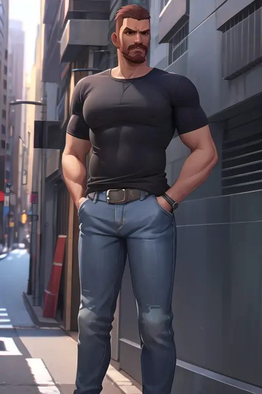 gabrielreyes, casual clothes, shirt, jeans, hands in pockets, brooding, city street, best quality, <lora:reaperOverwatchLORA_v1:0.7>