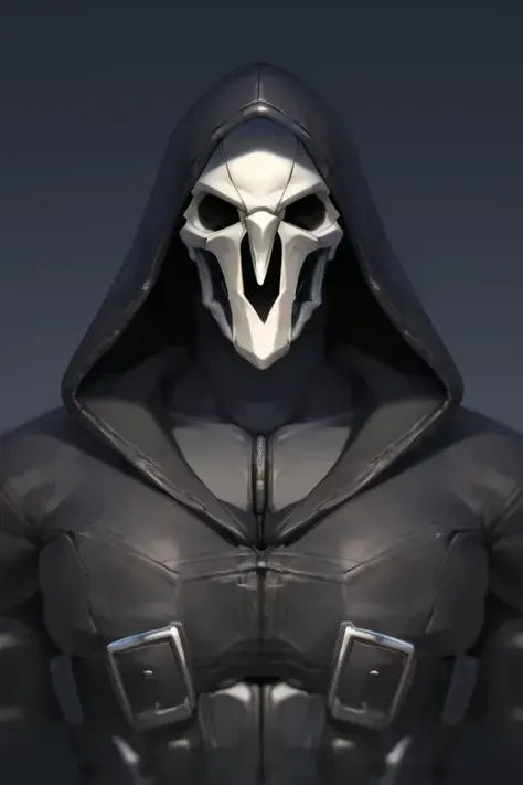 reaper, skull mask, hood up, black background, best quality, <lora:reaperOverwatchLORA_v1:0.7>