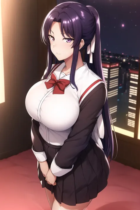 (Night:1.7), Japan, Tokyo, CityView, Before Window,
Standing at attention,
Black_jacket,white shirt,sailor outfit,red bowtie,puffy sleeves,long sleeves, Black pleated skirt, 
<lora:Himemiya_Tsukino_Saimin_Gakushuu-KK77-V1:0.7>,jewelry,<lora:saiminSeishidou:0.2>,
purple eyes, purple hair,Bangs, ponytail,long hair, 
1 girl, 24yo,mature female,Beautiful Finger,Beautiful long legs,Beautiful body,Beautiful Nose,Beautiful character design, perfect eyes, perfect face,
looking at viewer,girl in the center of the image,
NSFW,official art,extremely detailed CG unity 8k wallpaper, perfect lighting,Colorful, Bright_Front_face_Lighting,
(masterpiece:1.0),(best_quality:1.0), ultra high res,4K,ultra-detailed,
photography, 8K, HDR, highres, absurdres:1.2, Kodak portra 400, film grain, blurry background, bokeh:1.2, lens flare, (vibrant_color:1.2)
(Beautiful,Large_Breasts:1.2), (beautiful_face:1.5),(narrow_waist),