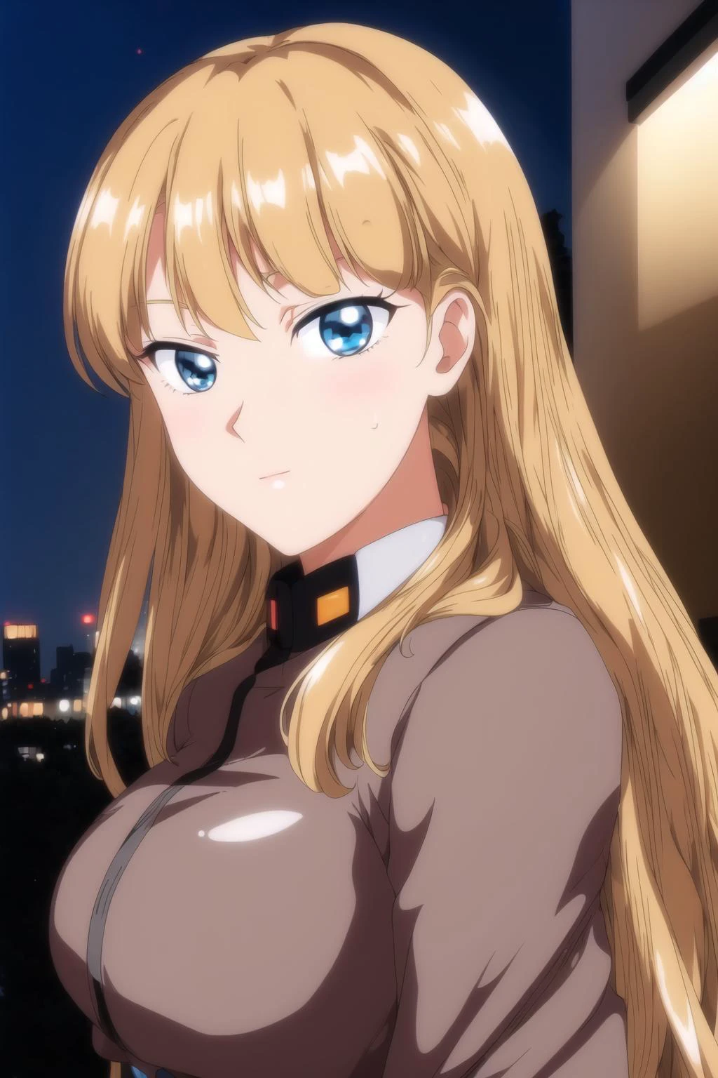 (Night:1.7), Japan, Tokyo, CityView, Before Window,
Standing at attention, dynamic pose,
Brown_ jacket,military, military uniform,long sleeves,
<lora:Lucille_Liliant_GundamX-KK77-V1:0.7>,<lora:saiminSeishidou:0.3>,
blonde hair ,blue eyes,long hair,bangs,shining hair,
1 girl, 24yo,mature female,Beautiful Finger,Beautiful long legs,Beautiful body,Beautiful Nose,Beautiful character design, perfect eyes, perfect face,
looking at viewer, in the center of the image,(Upper_body),(Focus on her face),From Side,
NSFW,official art,extremely detailed CG unity 8k wallpaper, perfect lighting,Colorful, Bright_Front_face_Lighting,
(masterpiece:1.0),(best_quality:1.0), ultra high res,4K,ultra-detailed,
photography, 8K, HDR, highres, absurdres:1.2, Kodak portra 400, film grain, blurry background, bokeh:1.2, lens flare, (vibrant_color:1.2)
(Beautiful,large_Breasts:1.0), (beautiful_face:1.5),(narrow_waist),