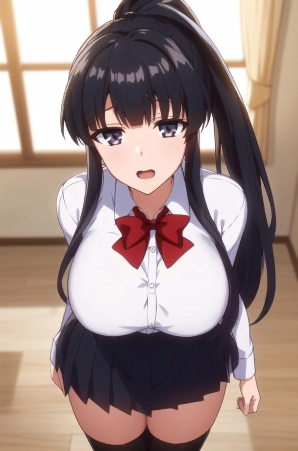 (day:1.6),at the school, in the classroom,
Standing at attention,
red_bowtie, school_uniform, shirt,long_sleeves, pleated_skirt,,thighhighs, black_legwear,
<lora:Katsuragisayaka-V1:0.75>,<lora:saiminSeishidou:0.25>,
Black_long_hair,Black_eyes, high ponytail,
1 girl,Solo, Manga,20yo,mature female,Beautiful Finger,Beautiful long legs,Beautiful body,Beautiful Nose,Beautiful character design, perfect eyes, perfect face,
looking at viewer,
official art,extremely detailed CG unity 8k wallpaper, perfect lighting,Colorful, Bright_Front_face_Lighting,
(masterpiece:1.0),(best_quality:1.0), ultra high res,4K,ultra-detailed,
photography, 8K, HDR, highres, absurdres:1.2, Kodak portra 400, film grain, blurry background, bokeh:1.2, lens flare, (vibrant_color:1.2)
(Beautiful,large_Breasts:1.4), (beautiful_face:1.5),(narrow_waist),