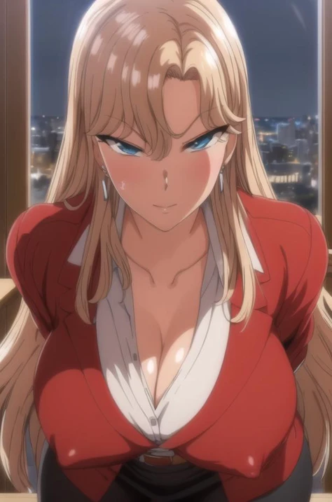 (Night:1.7), Japan, Tokyo, CityView, Before Window,
Standing at attention,
(red_jacket:1.2),long_sleeves, belt,heart_necklace,white shirt, collared shirt, pantyhose, pencil skirt,
<lora:saiminSeishidou:0.7>,<lora:ReikaKurashiki-V1:0.3>,
bangs, blonde_hair, blue_eyes, cleavage, collarbone, covered_nipples, earrings, jewelry, long_hair,
1 girl, Manga,20yo,mature female,Beautiful Finger,Beautiful long legs,Beautiful body,Beautiful Nose,Beautiful character design, perfect eyes, perfect face,
looking at viewer,
official art,extremely detailed CG unity 8k wallpaper, perfect lighting,Colorful, Bright_Front_face_Lighting,
(masterpiece:1.0),(best_quality:1.0), ultra high res,4K,ultra-detailed,
photography, 8K, HDR, highres, absurdres:1.2, Kodak portra 400, film grain, blurry background, bokeh:1.2, lens flare, (vibrant_color:1.2)
(Beautiful,large_Breasts:1.4), (beautiful_face:1.5),(narrow_waist),