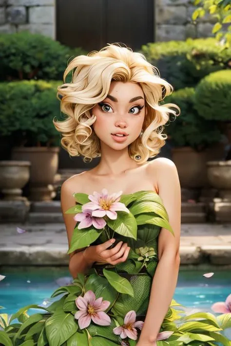 (highly detailed:1.3), masterpiece, best quality, extreme detail, highly detailed, 3d, Anime style, detailed,8k,unreal,professional lighting,
1girl, (short curly blonde hair),alluring pose,pouty,
<lora:pl4ntdr3ss:0.8> pl4ntdr3ss, leaf dress, bare shoulders, strapless, flowers,
lushious garden,fountain,birds,outdoor,dof,bokeh,photorealism,