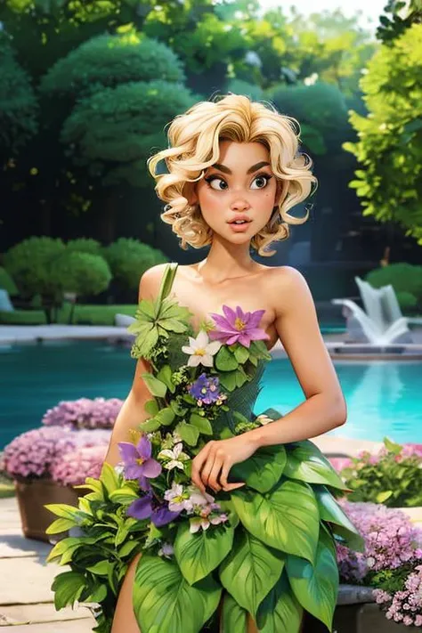 (highly detailed:1.3), masterpiece, best quality, extreme detail, highly detailed, 3d, Anime style, detailed,8k,unreal,professional lighting,
1girl, (short curly blonde hair),alluring pose,pouty,
<lora:pl4ntdr3ss:0.8> pl4ntdr3ss, leaf dress, bare shoulders, strapless, flowers,
lushious garden,fountain,birds,outdoor,dof,bokeh,photorealism,