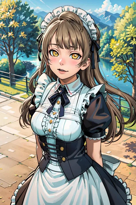 lasterk, <lora:lasterk-v3:1>
(masterpiece, best quality, ultra-detailed), (illustration), (beautiful detailed eyes), 1girl, solo, minami kotori, light brown hair, yellow eyes, long hair, <lora:KotoriLL_v1.1:0.55>, maid, maid headdress, cowboy shot, outdoors, closed mouth, blush, arms behind back,