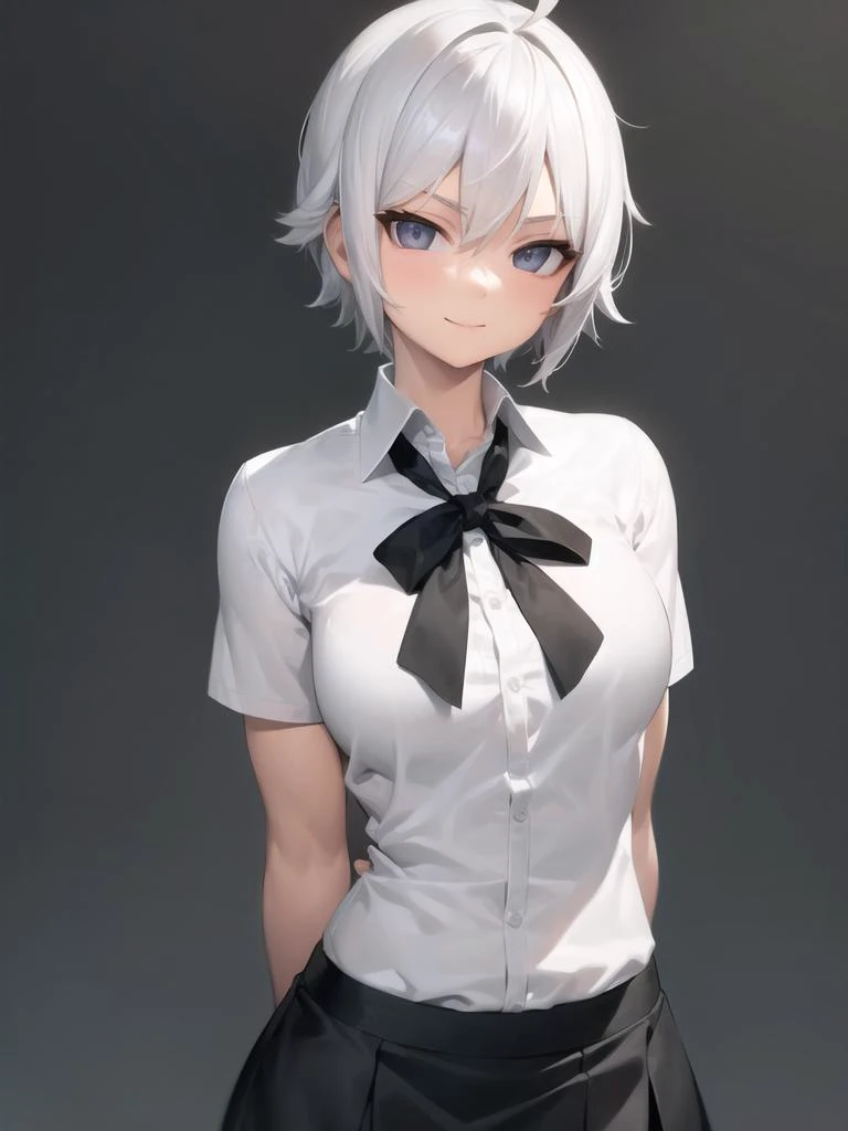 lasterk, upper body, (arms behind back:1.3), ((masterpiece, best quality)), (1girl), (solo), (female focus), (ahoge, white hair, short hair), black eyes, light smile, ((white shirt), (buttoned shirt)), ((black skirt), (short skirt)), standing, white background, arms behind back, <lora:lasterkf1:1>