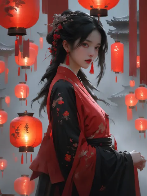 (dramatic, gritty, intense:1.4),masterpiece, best quality, 32k uhd, insane details, intricate details, hyperdetailed, hyper quality, high detail, ultra detailed, Masterpiece, super vista, super wide AngleLow Angle shooting, super wide lens,
Epic CG masterpiece, yssk's new concept, this female is dressed in Hanfu and holding a red lantern, in the style of nick alm, necronomicon illustrations, hyper-realistic portraits, xiaofei yue, uniformly staged images, flat yet expressive, goth
1girl, (full body:1.7),
 <lora:XL~Q?-_Bpo:0.7>