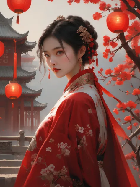 (dramatic, gritty, intense:1.4),masterpiece, best quality, 32k uhd, insane details, intricate details, hyperdetailed, hyper quality, high detail, ultra detailed, Masterpiece, super vista,
Dark and majestic Chinese palace background, wavy plum blossoms, a beautiful girl standing in the center of the palace, plum trees in the center, traditional Chinese clothing jewelry, acrylic oil paintings, light red and light silver, gold, elaborate costumes, full - body photos, traditional costumes, super vista, super wide Angle
1girl, 
 <lora:XL~Q?-_Bpo:0.8>